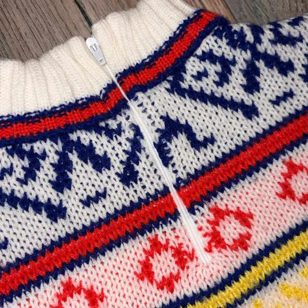 Vintage Toddler Fair Isle Geometric Knit Mock Neck Zip Back Sweater Multi-Color